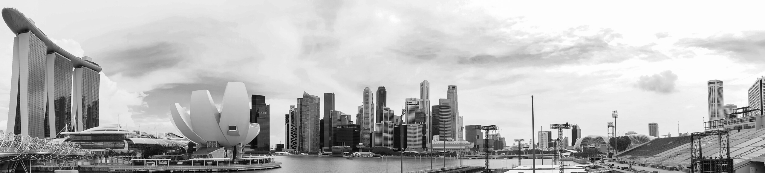 Hridgandhaa Mistry panorama 2 Black and white panoramic skyline of Marina Bay Sands and Singapore's modern architecture.