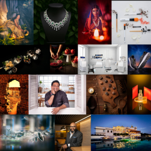 Collage of commercial photography showcasing beauty, food, jewelry, portraits, industrial, medical, and architectural visuals by Hridgandha Mistry.