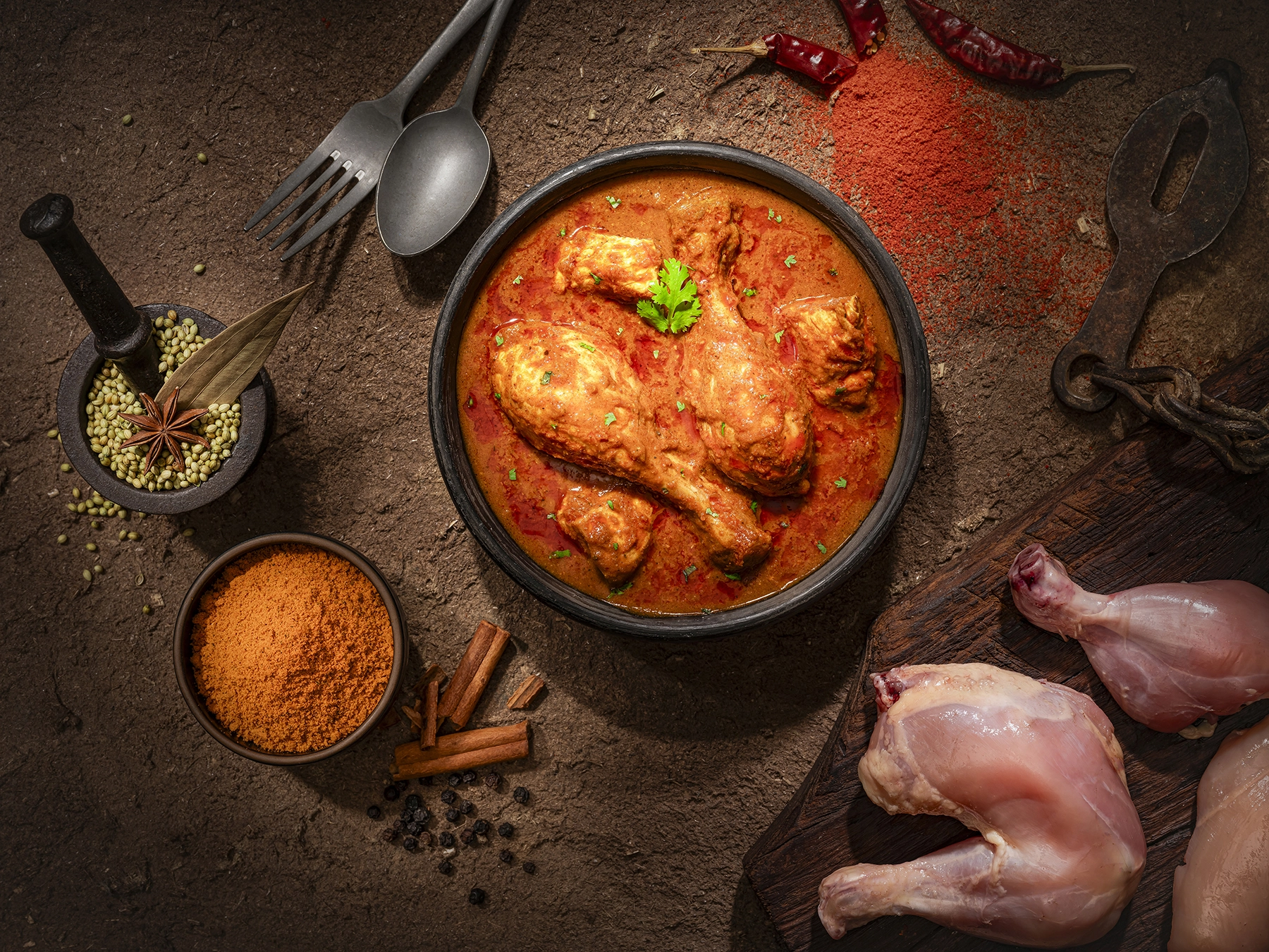 Top view of rustic chicken curry in a dark bowl surrounded by spices, raw chicken, and traditional utensils on a textured surface.