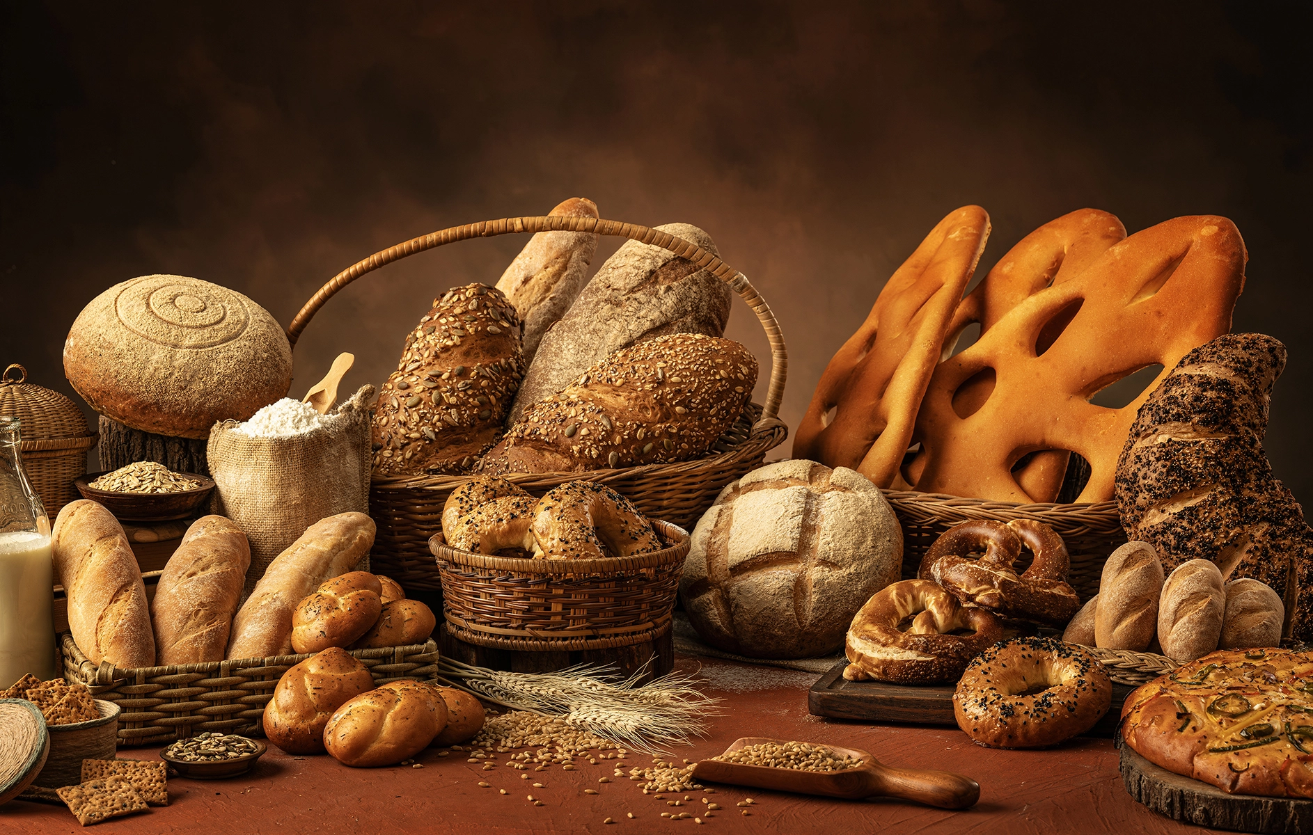 Assorted artisan breads displayed in baskets and on wooden surfaces under warm studio lighting.