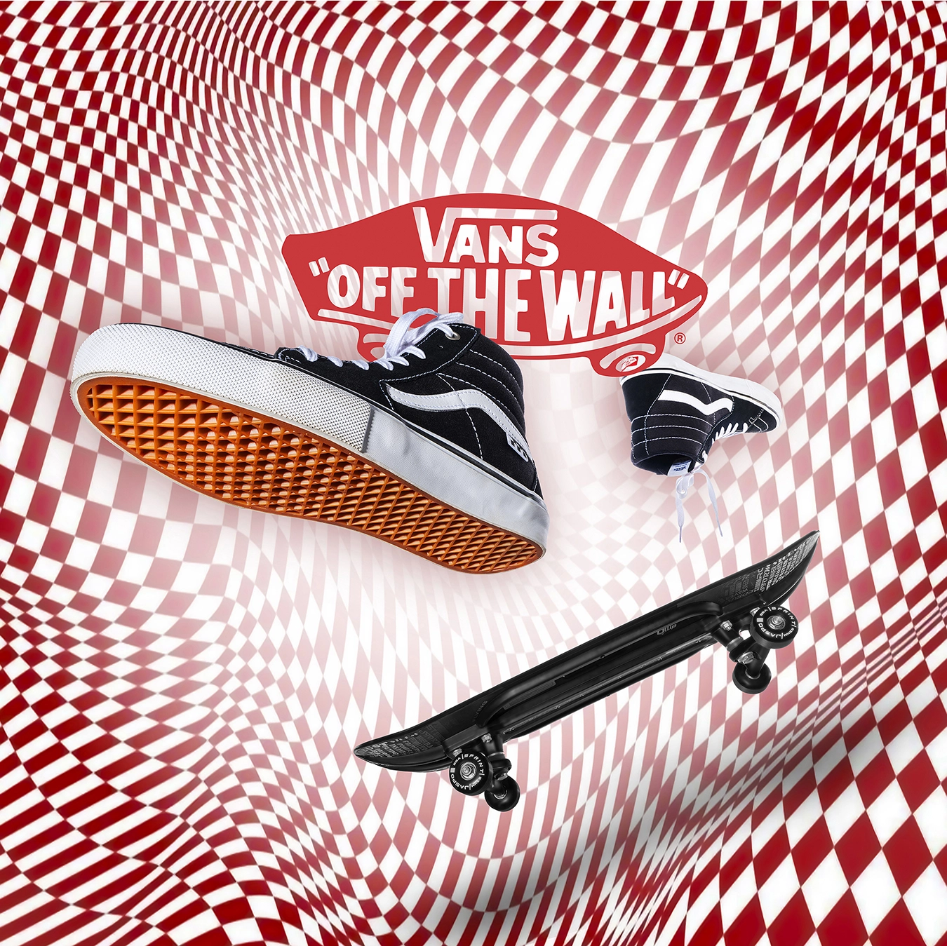 Vans Off The Wall sneakers and skateboard floating in red checkerboard background conceptual still life product photography